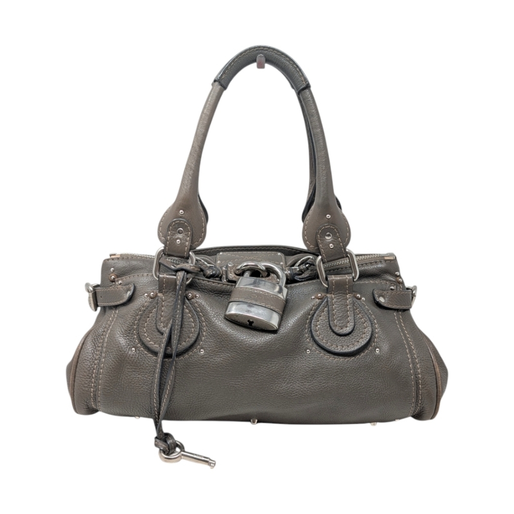 Chloé Vintage Paddington Satchel Mastic Gray Greige Grained Leather Lock and Key